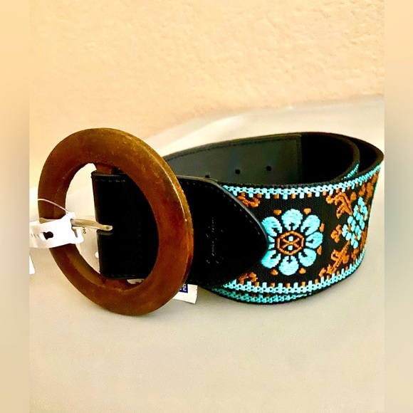 Jessica Simpson Embroidered Wide Wood Buckle Belt Turquoise Boho Western NWT - Picture 1 of 6